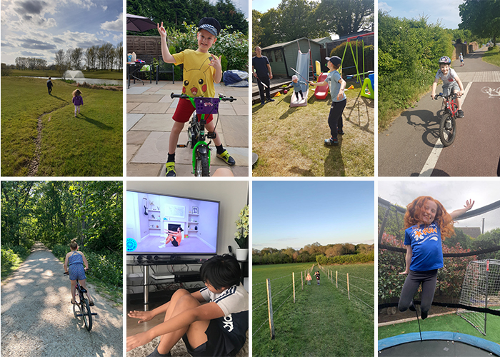 Montage of 8 photos of children being active. Three photos are children riding bicycles, two are children walking in the countryside, one is a child following a video workout in front of a TV, one is a child jumping on a trampoline in a garden and one is a family playing in their garden..