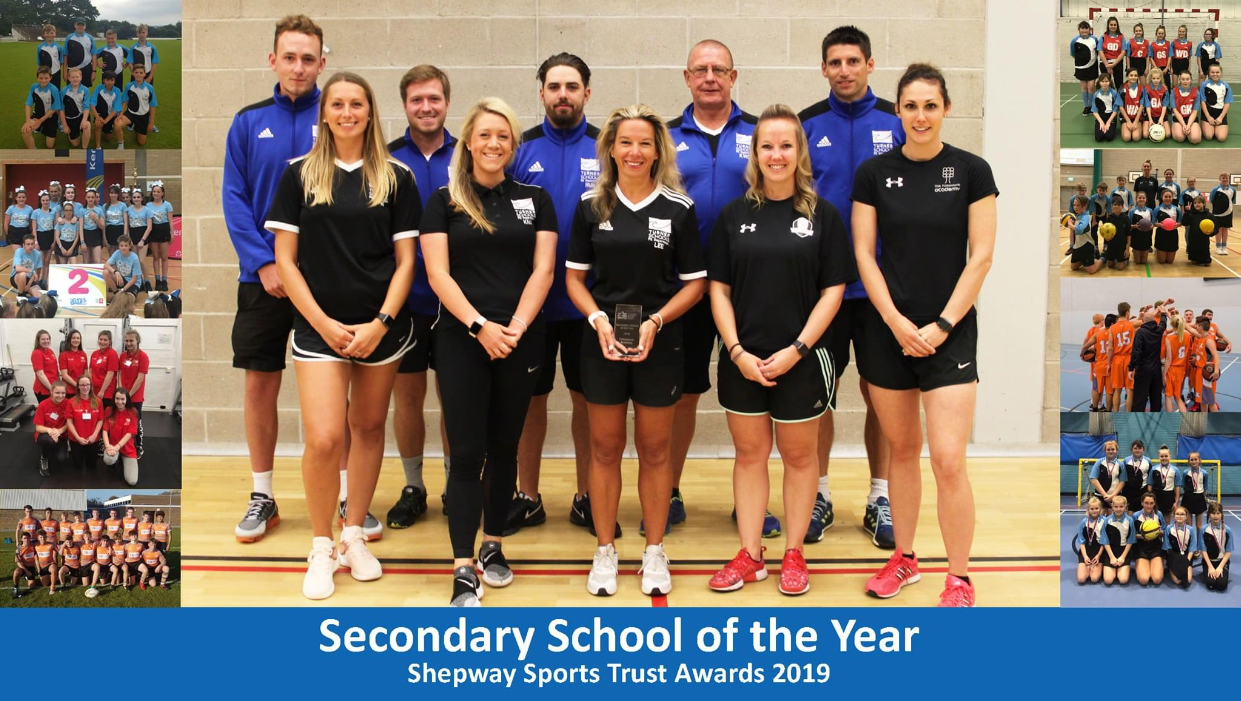 Large photo of Folkestone Academy PE staff in the centre with 4 smaller images of school sports teams displayed vertically to the left hand side of it and 4 photos to the right.